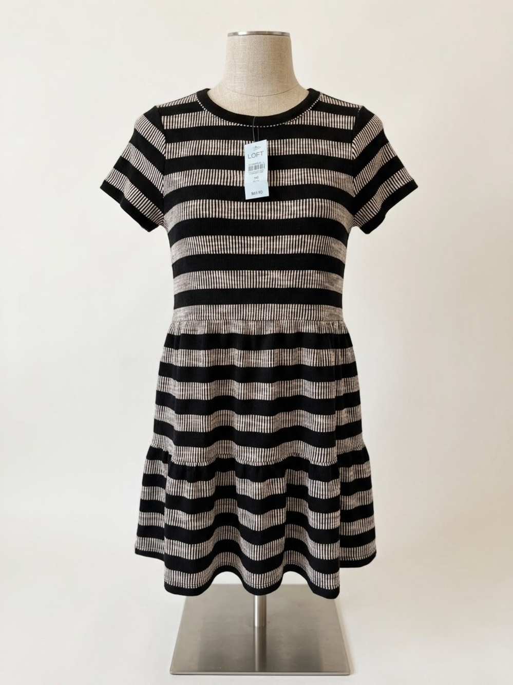 NWT Loft Petites Black Grey Striped Tiered Dress XSP